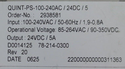 PHOENIX CONTACT QUINT-PS-100-240AC/24DC/5 / 2938581 POWER SUPPLY