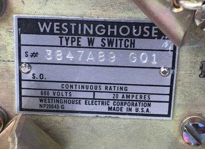 WESTINGHOUSE 3847A89G01 TYPE W SWITCH 600V 20AMP