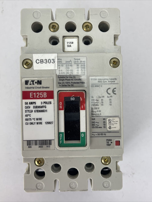 EATON EGB3050FFG INDUSTRIAL CIRCUIT BREAKER 50AMP 3POLE 250VDC 480VAC 67B3600G11