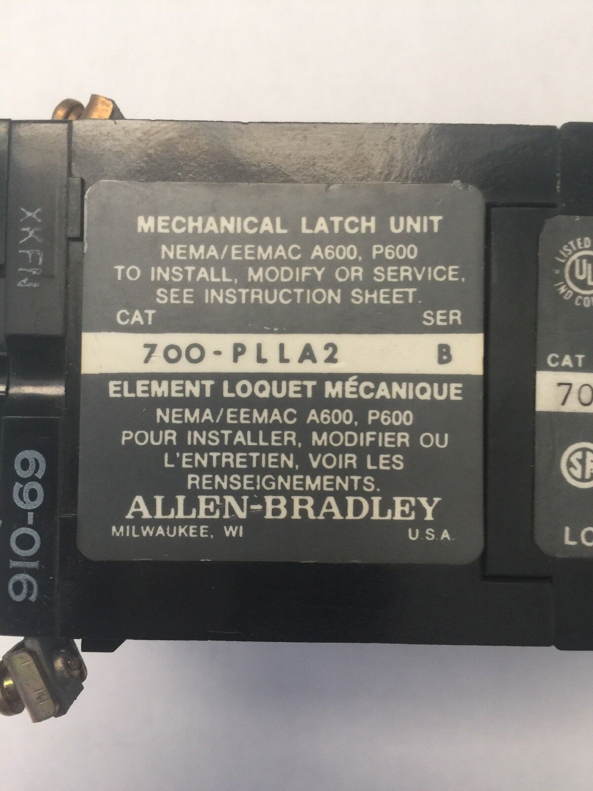 ALLEN BRADLEY 700-PL400A2 SER C AC RELAY W/ 700-PLLA2 700-P400A2 PA254 PL254