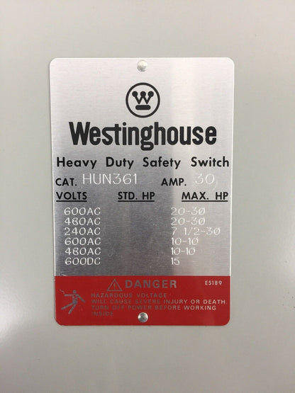 WESTINGHOUSE HUN361 30 AMPS 600 VAC 3 POLES NON-FUSIBLE SAFETY SWITCH