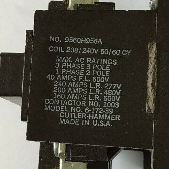 CUTLER HAMMER DEFINTITE PURPOSE CONTACTOR 9560H956A 208/240V 50/60CY
