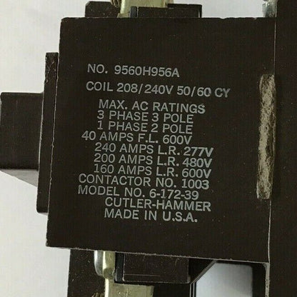 CUTLER HAMMER DEFINTITE PURPOSE CONTACTOR 9560H956A 208/240V 50/60CY