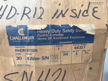 CHALLENGER RHDN321SN HEAVY DUTY SAFETY SWITCH 240VAC 30AMP 3PH 7-1/2HP RAINPROOF