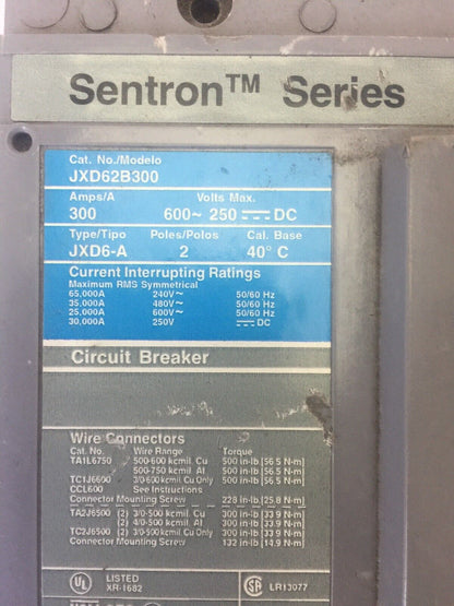 SIEMENS JXD62B300 SENTRON SERIES CIRCUIT BREAKER 300AMPS 600VAC 250VDC 2 POLE