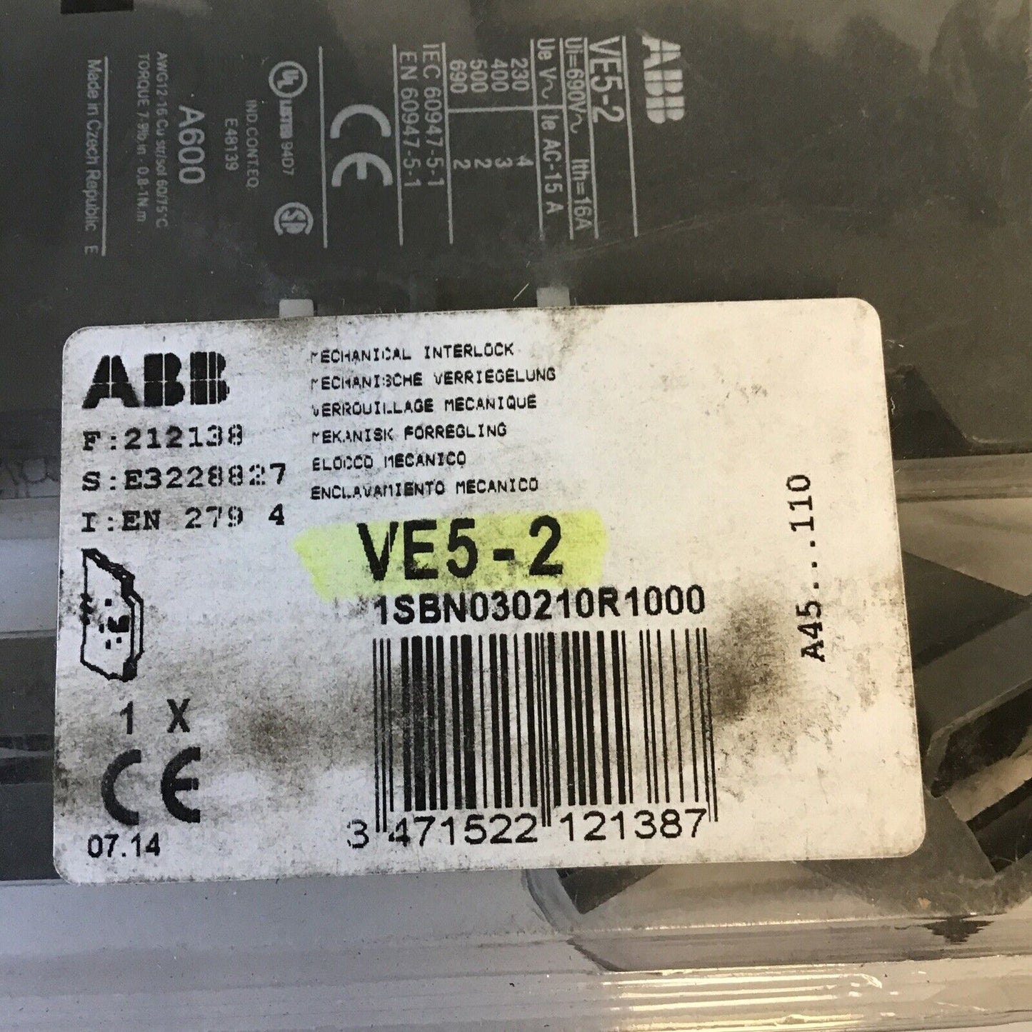 ABB VE5-2 MECHANICAL INTERLOCK 690VAC 16A ****LOTOF5****
