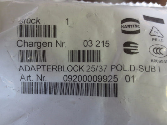 HARTING 09200009925 ADAPTER BLOCK 25/37 POLD-SUB I - NEW SURPLUS in BAG