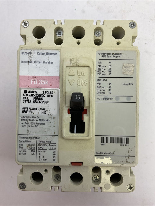 CUTLER HAMMER FD3015 15AMP 3POLE 600VAC 250VDC INDUSTRIAL CIRCUIT BREAKER FD 35K