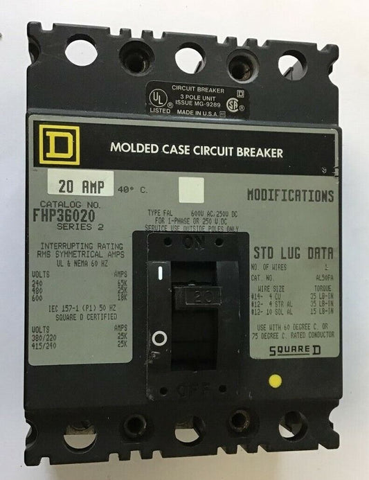 SQUARE D FHP36020 CIRCUIT BREAKER 20A 600V