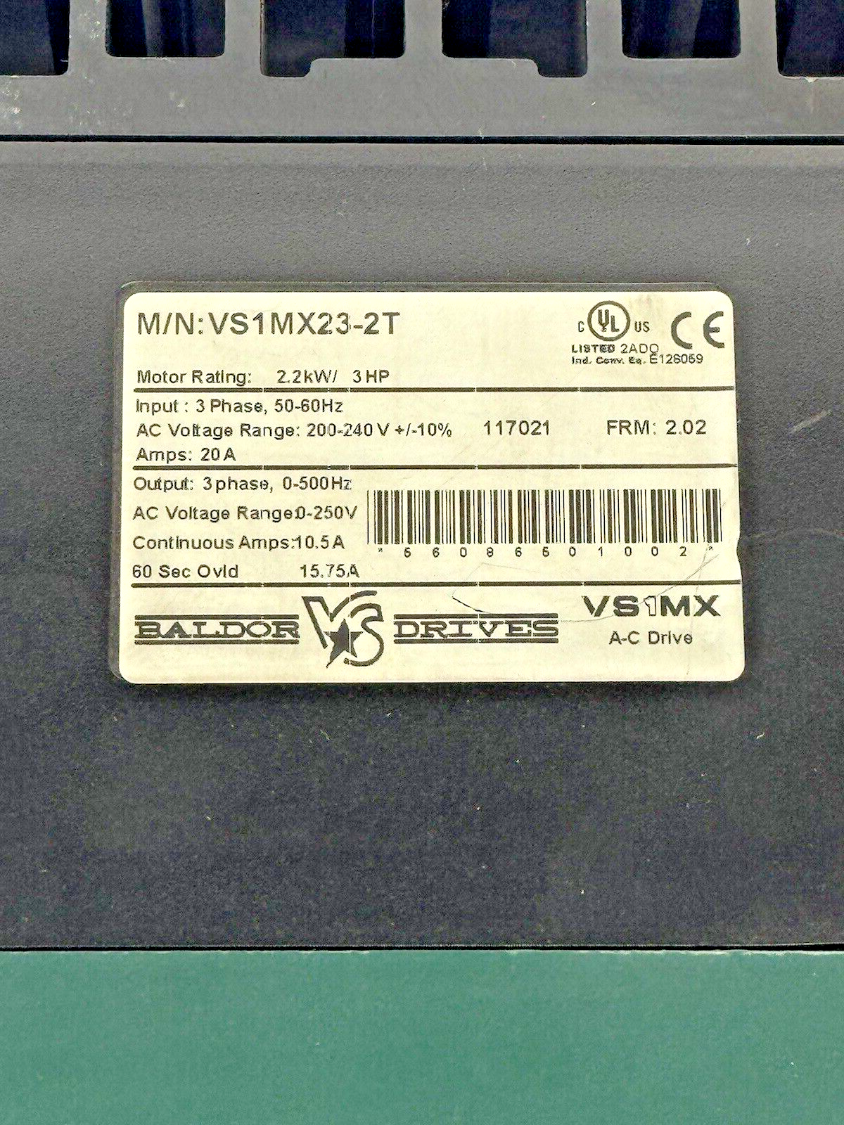 BALDOR - VS1MX23-2T FRM: 2.02 - A-C DRIVE - 2.2kW/3 HP/3 PH/50-60Hz/240VAC/20A