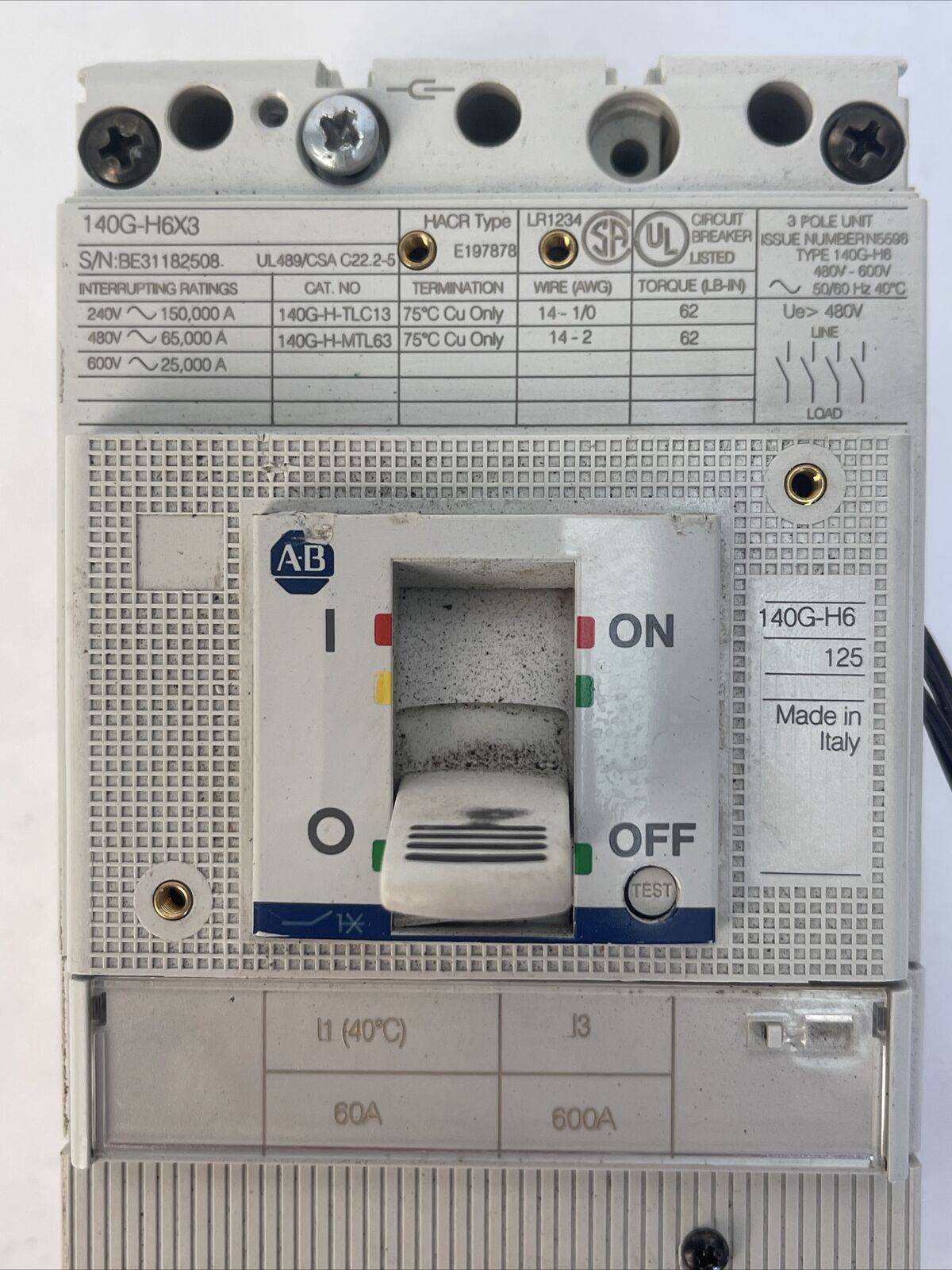 ALLEN BRADLEY 140G-H6C3-C60-FB SER A CIRCUIT BREAKER 240/480/600VAC 3P 140G-H6