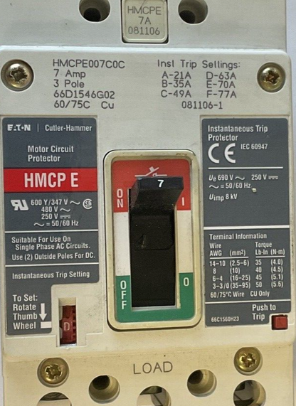 CUTLER HAMMER HMCPE007C0C CIRCUIT BREAKER 7AMP 3POLE 600VAC/250VDC