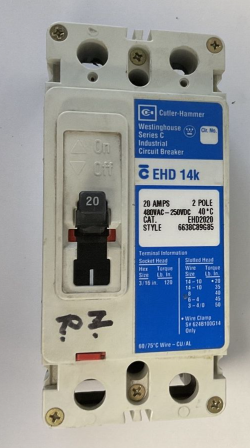 CUTLER HAMMER EHD2020 CIRCUIT BREAKER 20A 2POLE 480VAC