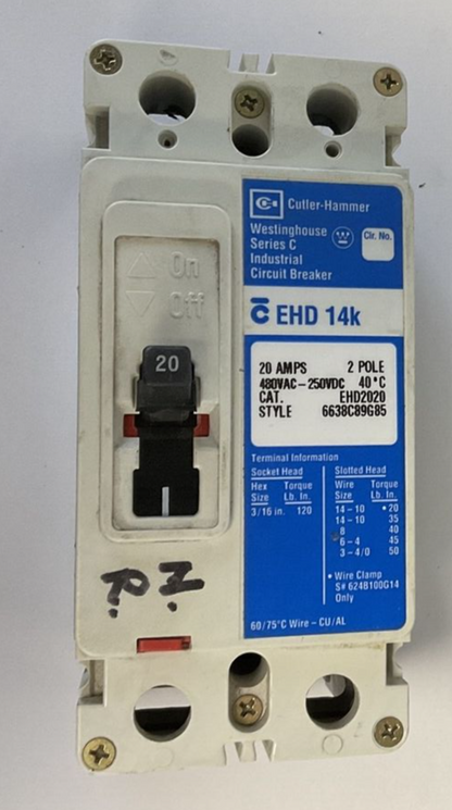 CUTLER HAMMER EHD2020 CIRCUIT BREAKER 20A 2POLE 480VAC