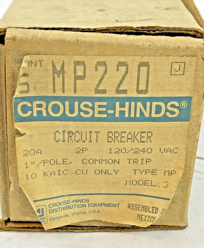 CROUSE-HINDS *BOX OF 5* - MP220 - 2 POLE, 20 A, 240 VAC CIRCUIT BREAKER