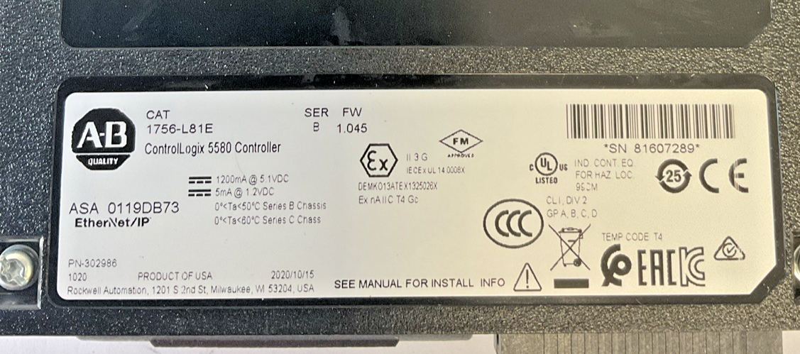 ALLEN BRADLEY1756-L81E CONTROLLOGIX 5580 CONTROLLER SER.B FW:1.045