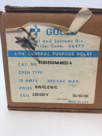 GOULD 2190-E62AA MOD A GENERAL PURPOSE RELAY 300VAC 10A 2090-810 COIL 110-120V