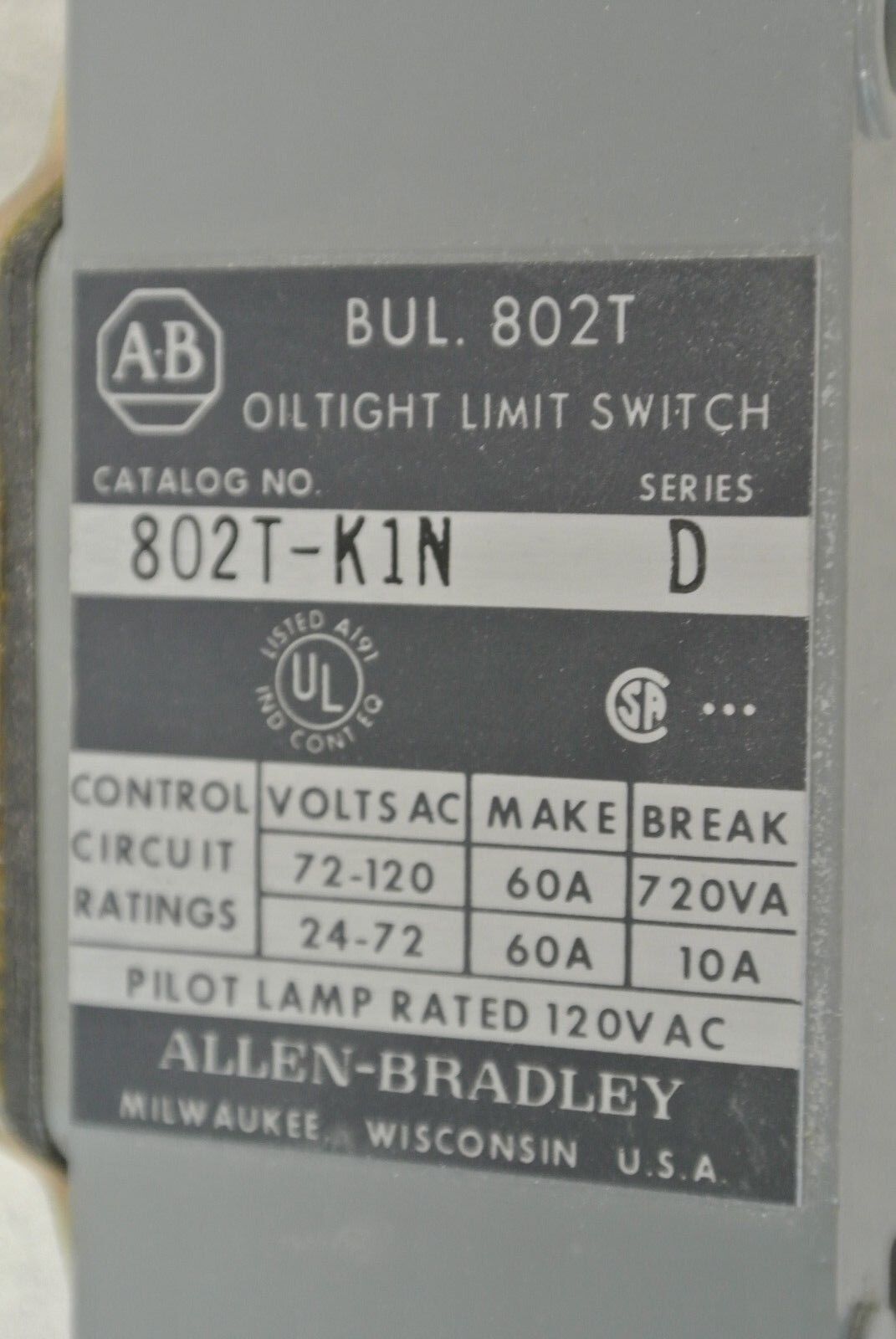 ALLEN-BRADLEY 802T-K1N Series D / OILTIGHT LIMIT SWITCH /  / NEW SURPLUS