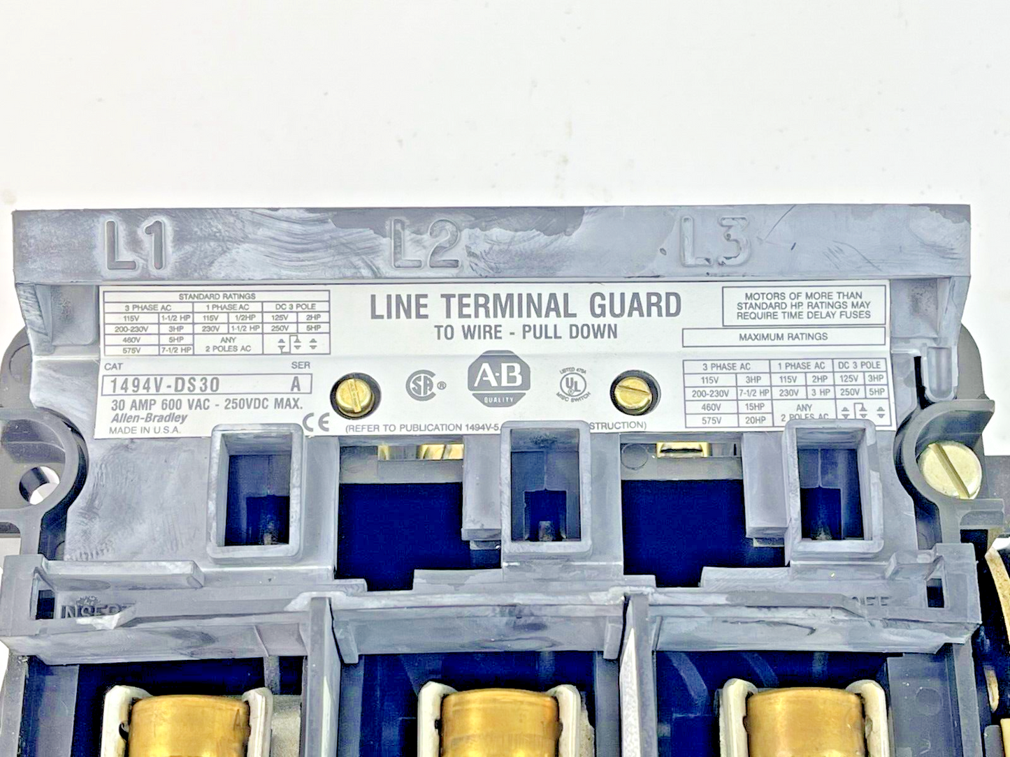 ALLEN BRADLEY - 1494V-DS30 SER. A - LINE TERMINAL GUARD W/ 3 BUSS LPJ-20SP FUSES