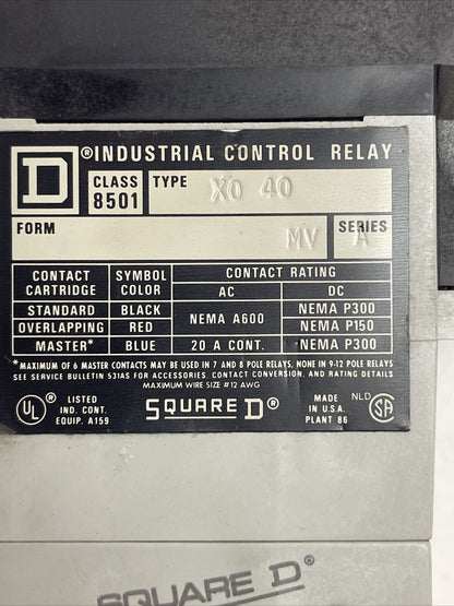 SQUARE D CLASS 8501 TYPE XB-40 INDUSTRIAL CONTROL RELAY FORM MV SERIES A