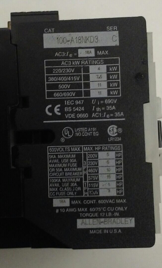 ALLEN BRADLEY 100-A18NKD3 CONTACTOR, 24V COIL, 100A18NKD3 SER. C (NEW IN BOX)