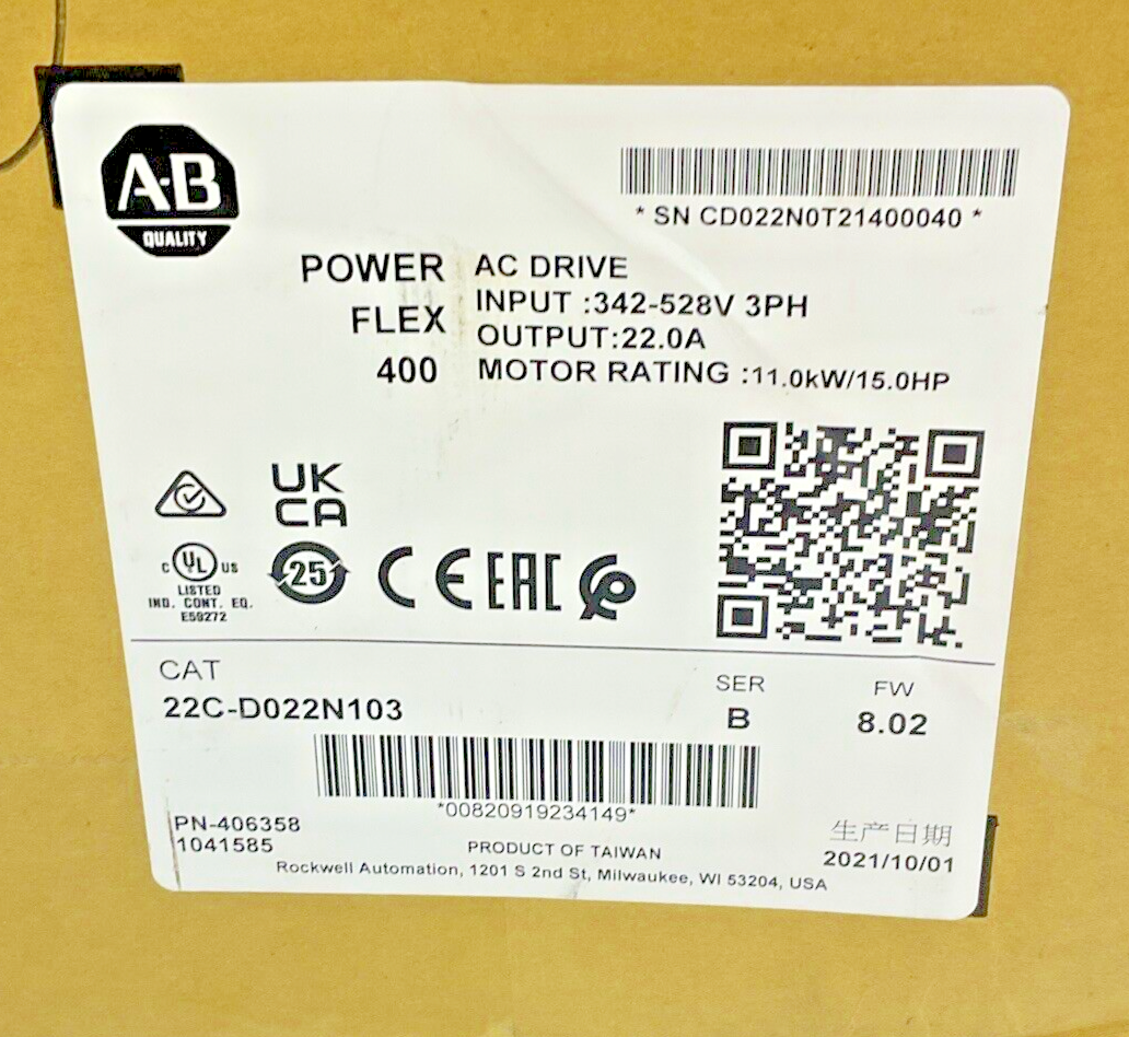 ALLEN-BRADLEY 22C-D022N103 AC DRIVE POWER FLEX 400 SER.B FW:8.02 15HP 11KW