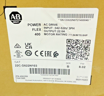 ALLEN-BRADLEY 22C-D022N103 AC DRIVE POWER FLEX 400 SER.B FW:8.02 15HP 11KW