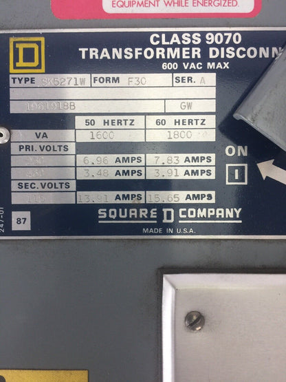 SQUARE D 9070 SK5271W TRANSFORMER DISCONNECT 600VAC  EO-91 TRANSFORMER 2.0KVA