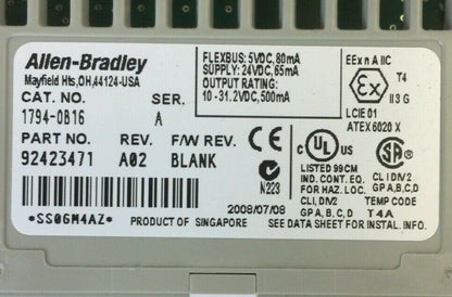 ALLEN BRADLEY 1794-OB16P SER A REV A02 F/W REV BLANK 24VDC SOURCE OUTPUT
