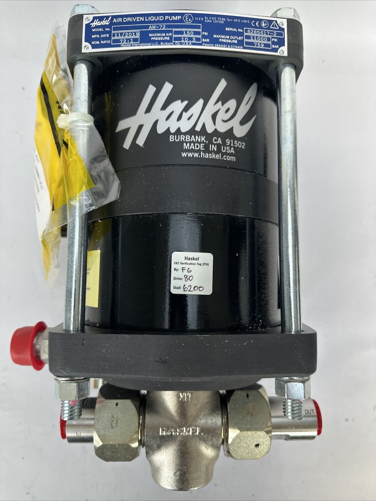 HASKEL AW-72 AIR DRIVEN LIQUID PUMP AIR 150PSI 10.3BAR OUTLET 11000PSI 28881-KIT