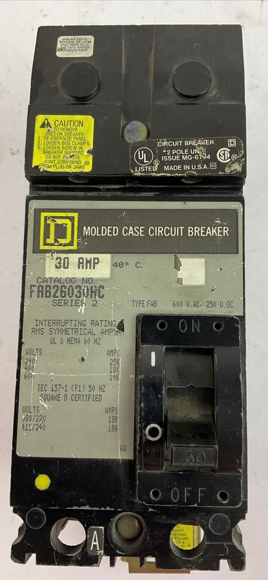 SQUARE D FAB26030AC MOLDED CASE CIRCUIT BREAKER 30AMP 6000VAC 250VDC 2POLE SER 2