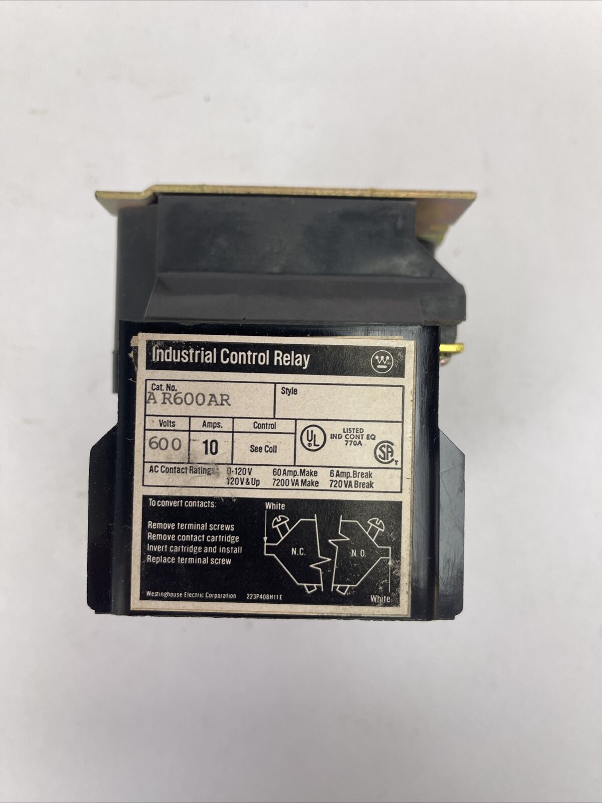 WESTINGHOUSE AR600AR INDUSTRIAL CONTROL RELAY 600VAC 10A 176C663G01 COIL 120V