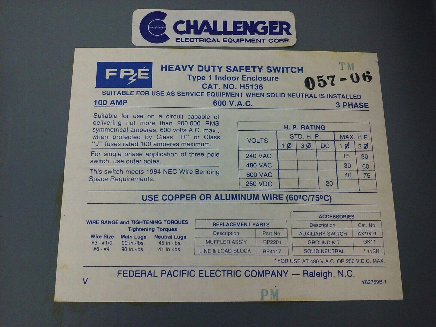 CHALLENGER H5136 SAFETY SWITCH, TYPE 1 INDOOR, 100A, 600V, NON FUSIBLE, NEW