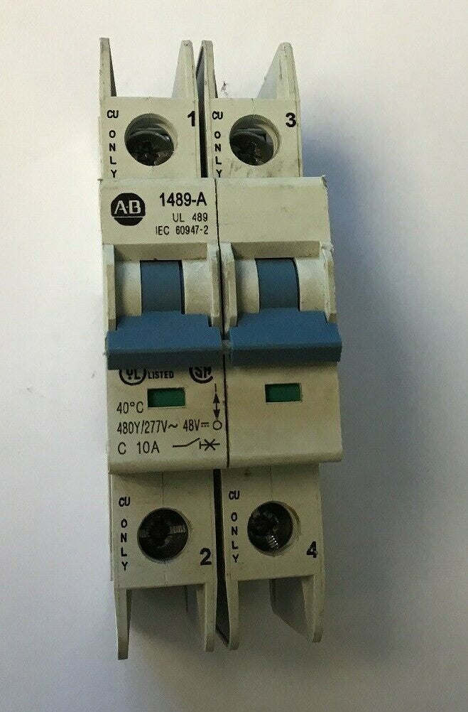 ALLEN BRADLEY 1489-A2C100  SER A 2 POLE 10A CIRCUIT BREAKER 277VAC/96VDC