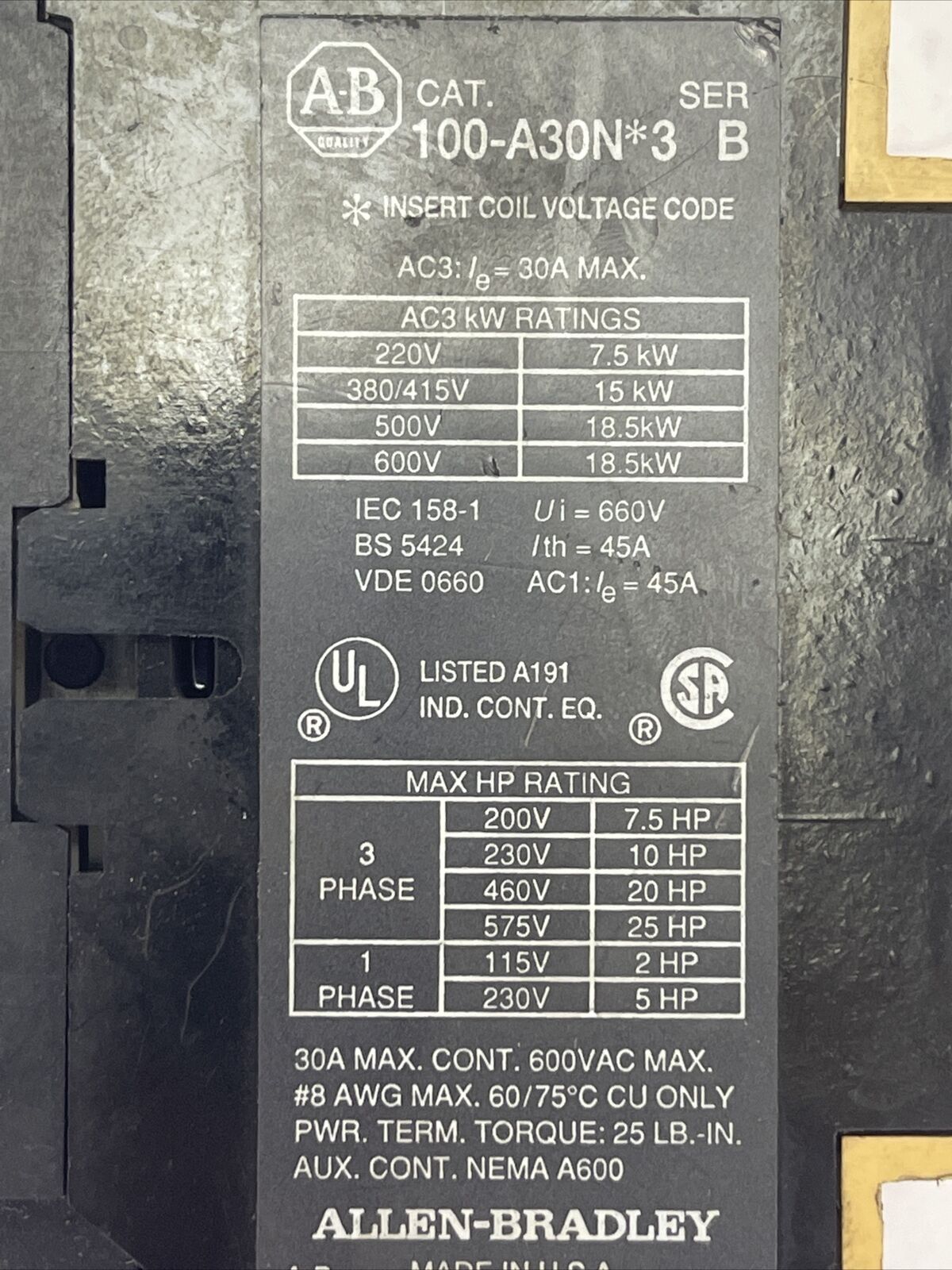 ALLEN BRADLEY 100-A30N*3 CONTACTOR SER B 30A 600VAC COIL HU473 120/110V 60/50HZ