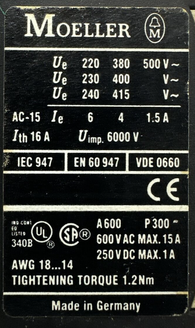 MOELLER DIL 2M CONTACTOR 600VAC 90A COIL 240V 60HZ 22 DIL AUXILIARY CONTACT