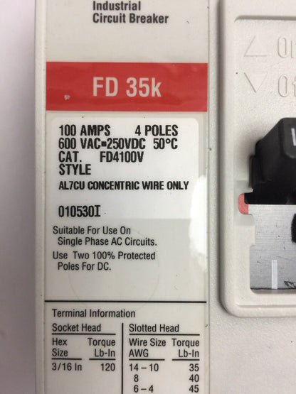 CUTLER-HAMMER FD4100V INDUSTRIAL CIRCUIT BREAKER 600VAC 250VDC 100AMP 4 POLES