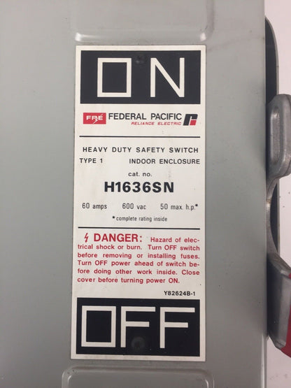 FPE H1636SN FUSIBLE HD SAFETY SWITCH 600VAC 250VDC 60AMP 50HP 3PH 3 POLE TYPE 1