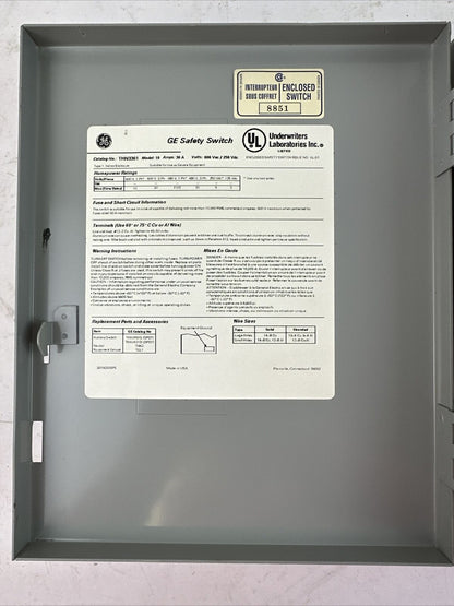 GE THN3361 MODEL 10 SAFETY SWITCH 30A 600VAC 3PH 30HP 250VDC 5HP NON-FUSIBLE