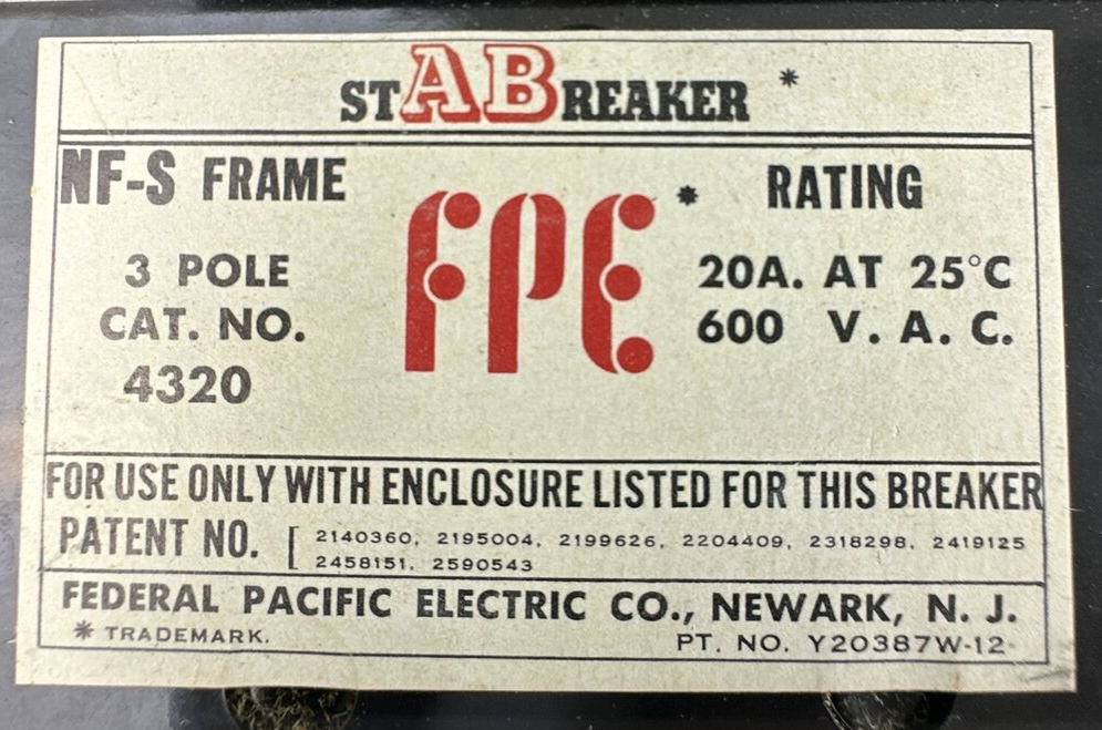 FPE 4320 STABREAKER 20AMP 600VAC 3POLE NF-S FRAME THERMAL AND MAGNETIC TRIP