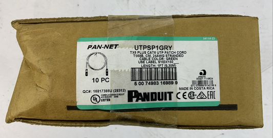 PANDUIT UTPSP1GRY 1FT TX6 PLUS CAT6 UTP PATCH CORD (BOX OF 10)