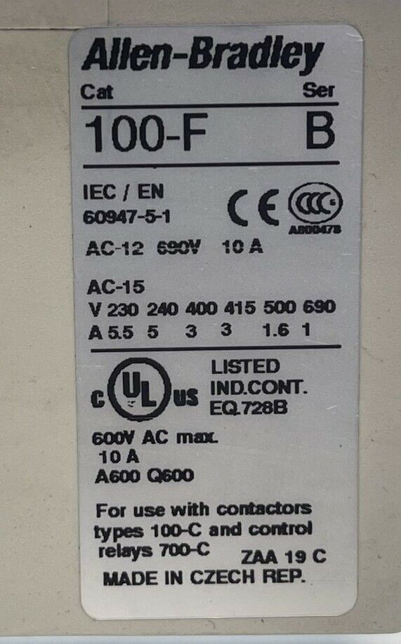 ALLEN BRADLEY 100-C09D*10 SER A CONTACTOR 600VAC 25A 7.5HP 3PH 100-F SER B 10A