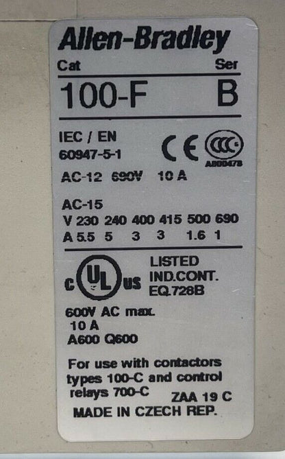 ALLEN BRADLEY 100-C09D*10 SER A CONTACTOR 600VAC 25A 7.5HP 3PH 100-F SER B 10A