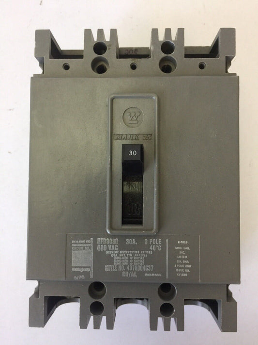WESTINGHOUSE HFB3030 AB DE-ION CIRCUIT BREAKER 30AMP 600VAC 3POLE 4976D04G37