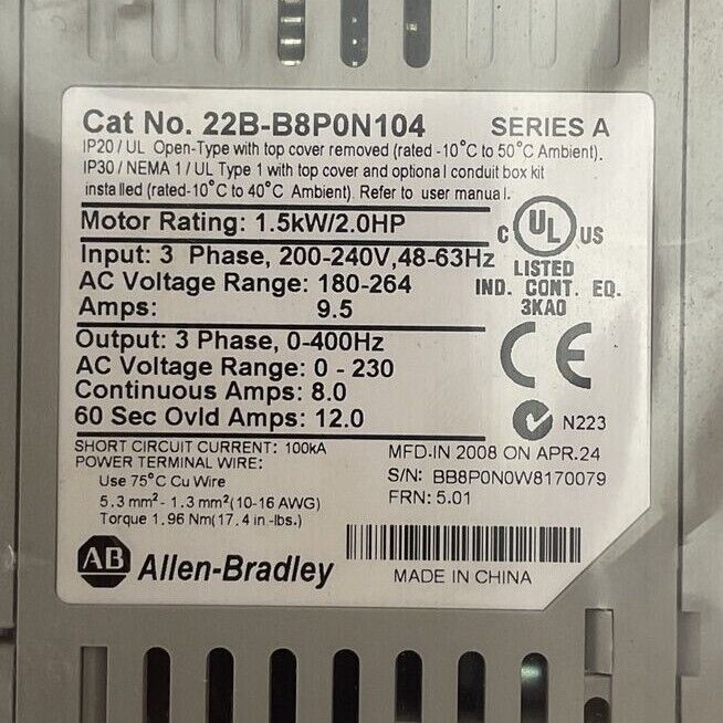 ALLEN BRADLEY 22B-B8P0N104 SER A AC DRIVE FRN 5.01 OUTPUT 8.0A MOTOR RATING