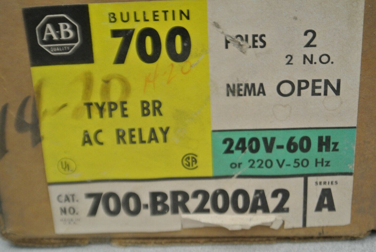 ALLEN-BRADLEY 700-BR200A2 TYPE BR AC RELAY 2 N.O. / 220-240V / NEW SURPLUS