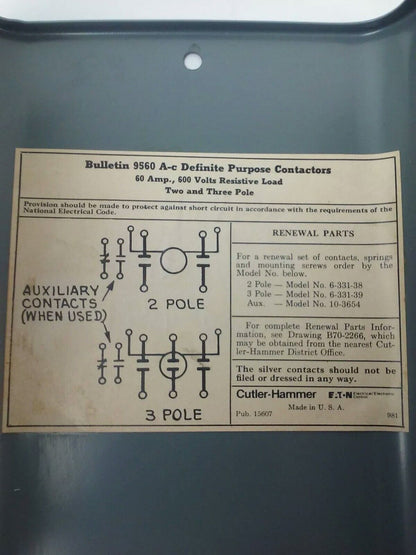 CUTLER HAMMER 9560H447-49 AC MAGNETIC CONTACTOR 9560H447A 50A 600V 3P 120V COIL