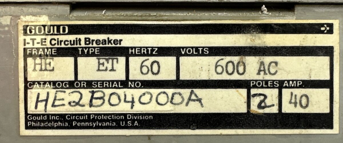GOULD ITE HE2B04000A CIRCUIT BREAKER 40AMP 2POLE 600VAC