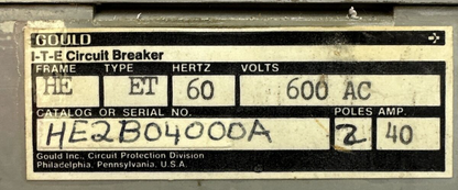 GOULD ITE HE2B04000A CIRCUIT BREAKER 40AMP 2POLE 600VAC