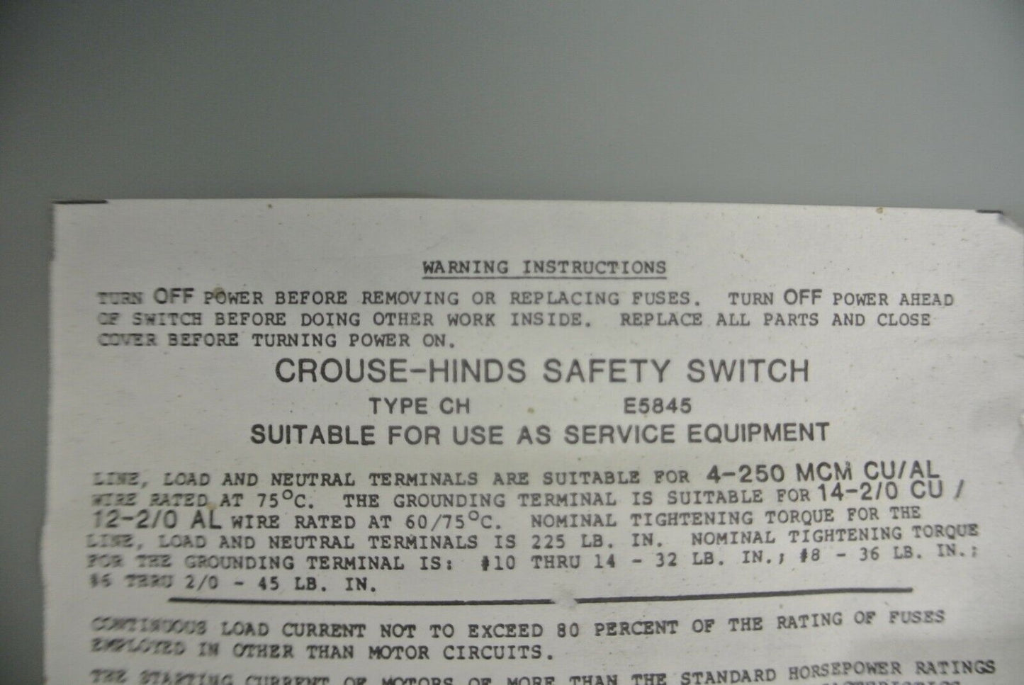 CROUSE-HINDS GH424N GENERAL DUTY FUSIBLE SAFETY SWITCH / 240V / 200A / 25HP